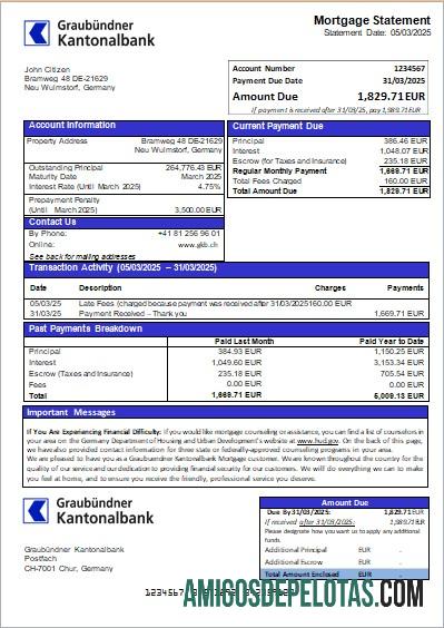 Declaração de hipoteca do banco Alemanha Graubuendner Kantonalbank Scr exemplo real